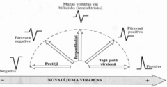 <p>impulsa kustības virziena attiecībā pret rakstošo elektrodu</p><p>ja impulss dodas uz elektrodu tajā pašā virzienā, tad kardiogrammā būs pozitīvs vilnis</p><p>ja dodas pretējā virzienā no elektroda, būs negatīvs</p><p>perpendikulāri - mazas voltāžas, bifāzisks</p>