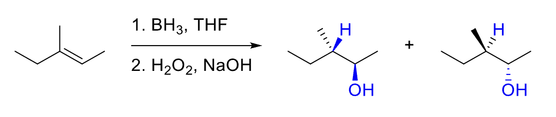 <p><strong>Anti-Markovnikov</strong></p><p><strong>Syn Addition</strong></p><p>Reactant: alkene</p><p><strong>Reagents: 1. BH<sub>3</sub> ,THF / 2. H<sub>2</sub>O<sub>2</sub> , NaOH</strong></p><p>Mechanism: Step 1 - Double bond bond acts as Nuc: and attacks BH<sub>3</sub> while one H in BH<sub>3</sub> goes to more substituted side <strong>(concerted, syn-addition)</strong>. Repeats 2 more times to form BR<sub>3</sub>. Step 2 - OH grabs H from H<sub>2</sub>O<sub>2 </sub>, forming <sup>-</sup>O-O-H which attacks Boron in BR<sub>3</sub>. C bonded to B attacks O in BR<sub>3</sub><strong>O</strong>OH and OH leaves, forming R-O-BR<sub>2</sub>. OH attacks B, which leaves and forms RO<sup>-</sup>, which is then protonated by water.</p><p><strong>End Goal: Add OH to less substituted side of double bond and H to more, syn addition.</strong></p>