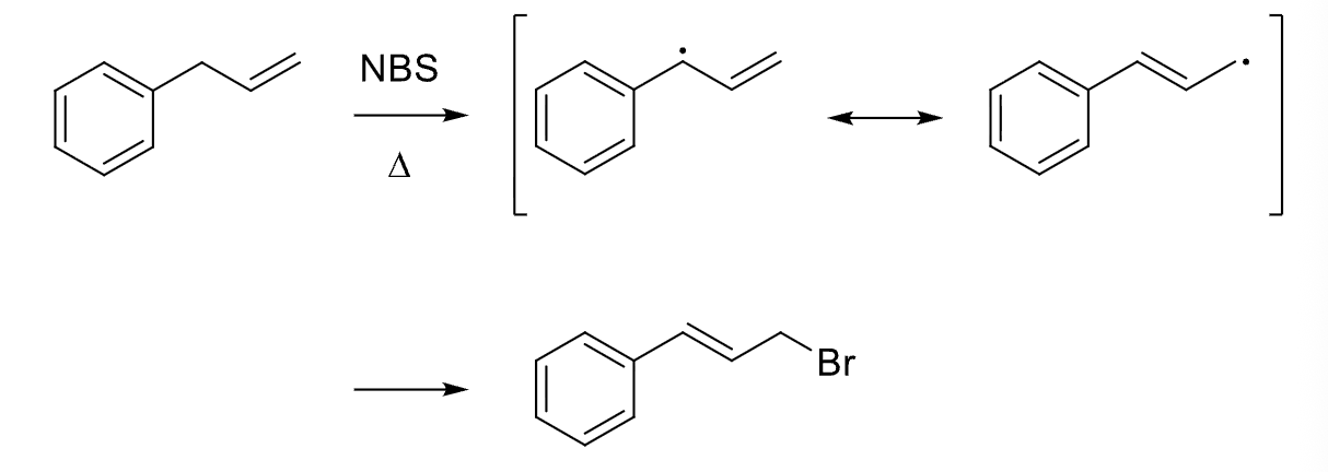 <p>Formed via most stable allylic radical </p><p><strong>Major product has most stable (usually most substituted) double bond, intermediate can resonate so consider resonance form.</strong></p><p><strong>Reagents: NBS or trace Br<sub>2</sub> / hv or heat</strong></p><p>Mechanism: light forms Br radical, which grabs allylic H to form HBr and allylic radical (which can resonate). allylic radical grabs Br from Br<sub>2</sub>, forming bond. <br><strong>End Goal: Add Br to allylic position to form most stable double bond. Different from normal bromination Br<sub>2</sub>/hv would get rid of double bond.</strong></p>