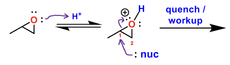 <p>Under acidic conditions, what carbon will the nucleophile attach to in a nuc/epoxide addition</p>