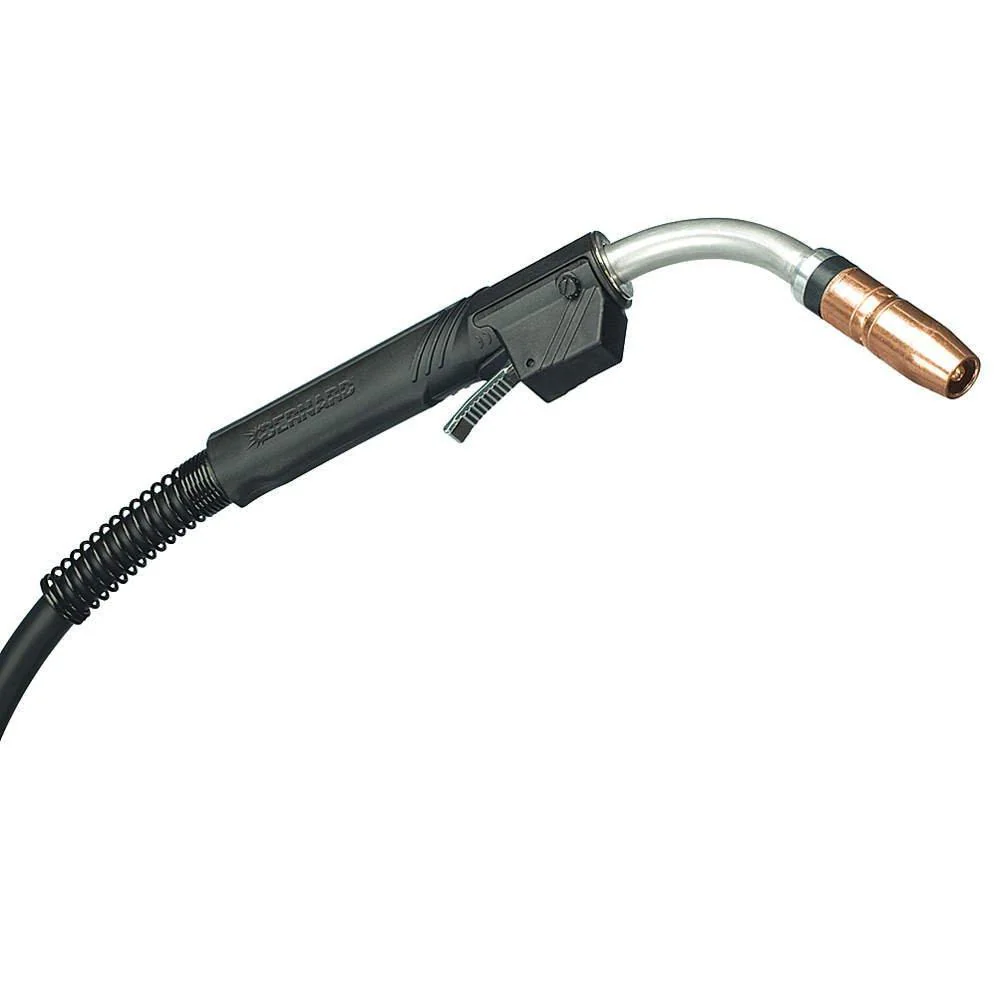 <p>Handheld welding gun used in GMAW processes that feeds continuous wire electrode and shielding gas through the nozzle to create controlled electric arc welds.</p>