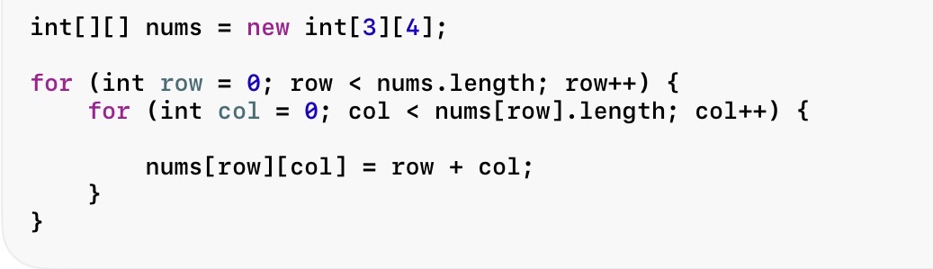 <p><span><span>Purpose: Create a new 2D array and assign values.</span></span></p><p><span><span>Use when:</span></span></p><ul><li><p><span><span>Initializing arrays</span></span></p></li><li><p><span><span>Building patterns</span></span></p></li><li><p><span><span>Generating tables</span></span></p></li></ul><p></p>
