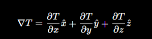 <p>The direction and rate of greatest increase in a scalar field. </p><p>Eg. Temperature gradient points towards increasing temperature.</p><ul><li><p>Electric potential gradient relates to electric field.</p></li></ul><p></p>
