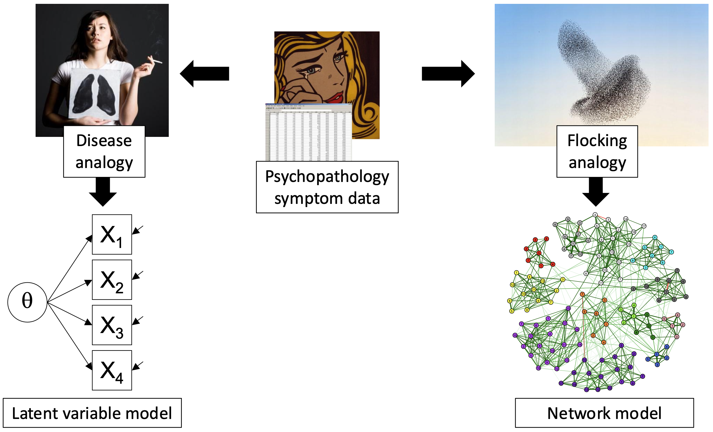 <p><span>In the latent variable model, symptoms are passive indicators caused by an underlying disorder (like a disease). In the network model, symptoms are active elements that causally interact with each other — the disorder IS the network of interacting symptoms, not something hidden beneath them.</span></p>