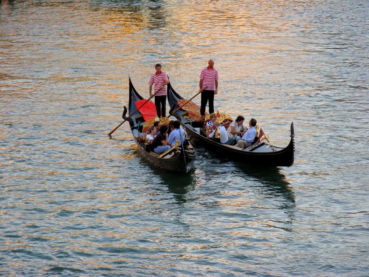 <p>long, narrow boats used for transport in Venice</p>
