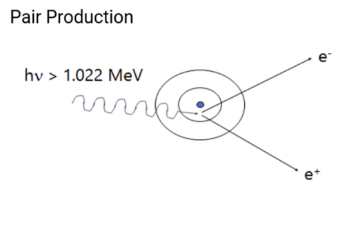 <ul><li><p>the energy of a photon is converted to mass in the form of an electron and a positron</p></li><li><p>the conversion takes place in the electric field of the atom</p></li><li><p>the rest mass of an electron (negatron and positron) is 0.511 keV</p></li><li><p>since electrons are created during this interaction, the incident photon must possess at least 1.022 MeV</p></li></ul><p></p>