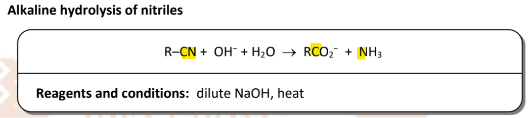 <p>RnCs: dilute NaOH, heat</p>