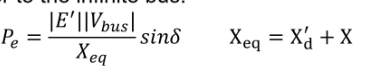 <p>P_e = |E’||V_bus|/X_eq * sin(\delta)</p><p>=2.462 sin(delta)</p>