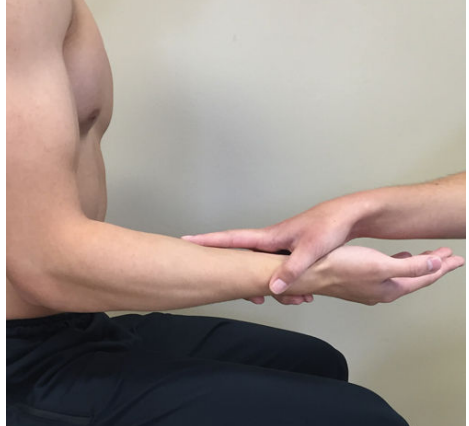 <p>elbow flexed to 90 degrees, forearm neutral, relaxed wrist/fingers. put your palms at their wrist/distal forearm</p><p>“don’t let me turn your hand faced down”</p>