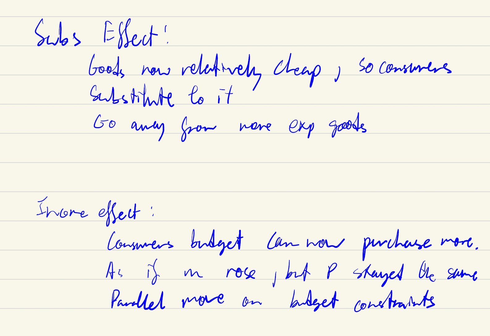 <p>subs: parallel move of new line → tangent to old indiff curve, income effect → jump to the new final point</p>