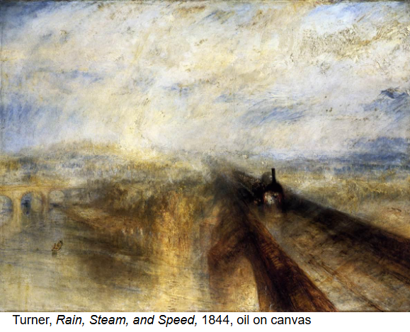 <p><strong>Identification:</strong></p><ul><li><p>Artist: Turner</p></li><li><p>Title: <em>Rain, Steam, and Speed</em></p></li><li><p>Date: 1844</p></li><li><p>Movement: Romanticism (toward Impressionism)</p></li></ul><p><strong>Historical Context:</strong></p><ul><li><p>The painting reflects the rapid expansion of industrialization in 19th-century England, particularly the development of the railway system.</p></li><li><p>It depicts the Great Western Railway, a symbol of modern technological progress.</p></li><li><p>Turner shifts attention away from traditional subjects to focus on a <strong>modern machine</strong>, showing how industrialization was transforming everyday life.</p></li><li><p>His approach influenced later movements like Impressionism, especially in the emphasis on atmosphere and perception</p></li></ul><p><strong>Style:</strong></p><ul><li><p>Turner uses loose, expressive brushwork that blurs forms and reduces clear detail.</p></li><li><p>The composition is driven by a strong diagonal thrust, emphasizing the speed and force of the train moving through the landscape.</p></li><li><p>Light, steam, and rain merge together, creating an almost abstract effect where forms dissolve into atmosphere.</p></li><li><p>The painting prioritizes how the eye experiences motion and light rather than precise representation.</p></li></ul><p><strong>Themes:</strong></p><ul><li><p>The painting explores the tension between nature and technology, as the train cuts through the natural landscape.</p></li><li><p>It reflects the power and speed of modern progress, suggesting both excitement and disruption.</p></li><li><p>The presence of a small rabbit on the tracks highlights the contrast between the natural world and industrial forces.</p></li><li><p>The image can be read as a commentary on how modern life is accelerating and reshaping human experience.</p></li><li><p>The work emphasizes perception and atmosphere, showing how reality is experienced rather than simply observed.</p></li></ul><p></p>