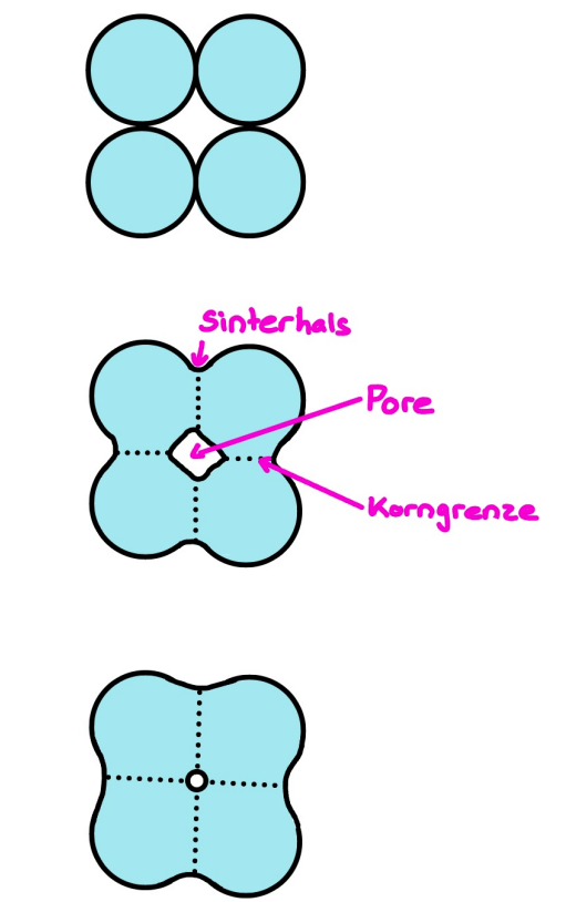 <p>• Sintern: Prozess bei dem keramische Partikel aufgrund der Oberflächendiffusion zusammenwachsen </p><p>• Treibende Kraft: Reduktion der Energie (Oberflächenenergie grösser als Korngrenzenergie)</p><p>• Pulver wird unter Druck erhitzt und die Körner verbinden sich miteinander zu einer dichteren Masse </p><p>• Wenn zwei Körner in Kontakt kommen, bilden sich Sinterhälse durch Oberflächendiffusion und die Körner verbinden sich → weniger Oberflächenenergie → treibende Kraft des Sinterns</p><p>• Die Zwischenräume werden zu Poren und die Poren werden immer kleiner → Erhöhung der Festigkeit und ein Volumenverlust nach dem Sintern, Abbau der Porosität und damit Erhöhung der Dichte </p><p>• Sintertemperatur genug hoch um ausreichende atomare Beweglichkeit durch Diffusion zu ermöglichen, liegt aber unterhalb vom Schmelzpunkt</p><p> • Durch das Sintern können Poren entfernt werden</p>