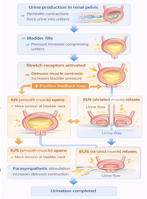 <p><span>§Contractions of the muscle cells in the wall of the renal pelvis force - <strong>peristaltic contractions-</strong> urine produced out to the ureters into the bladder</span></p><p><span>§The bladder slowly fills up as there is no sphincter.</span></p><p><span>§As bladder pressure fills up, ureters get compressed at the point they enter bladder.</span></p><p><span>§IUS keeps urethral opening closed as long as pressure in bladder is not high.</span></p><p><span>§When bladder fills, stimulates stretch sensitive nerve endings – due time, detrusor muscle contracts</span></p><p><span>§<strong>+ve feedback </strong>- detrusor contracts, pressure in bladder increases.</span></p><p><span>§IUS opens, more tension at neck of bladder – stops the contraction of EUS</span></p><p><span>§<strong>+ve feedback </strong>– urine flow stimulates sensory cells in urethra, increases activity of parasympathetic fibers to detrusor muscle -> to increase contraction</span></p>