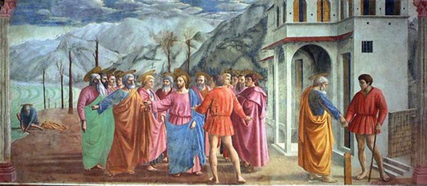 <p>having the heads of all figures on approximately the same level</p>