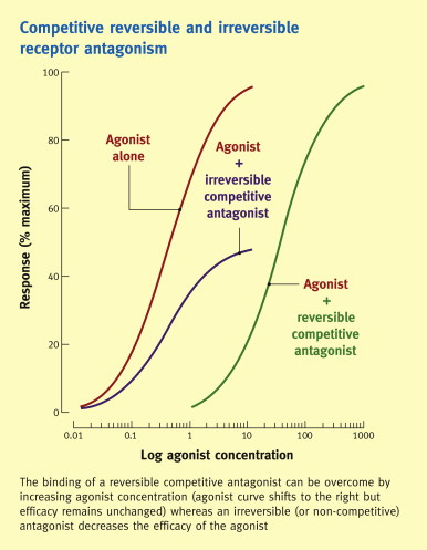 <p><strong>Competitive</strong>: curve shifts <strong>right</strong>, but the same maximum response is reachable with enough agonist. </p><ul><li><p></p></li></ul><p><strong>Noncompetitive</strong>: <strong>maximum response is lowered</strong> and cannot be overcome by adding agonist.</p><p></p>