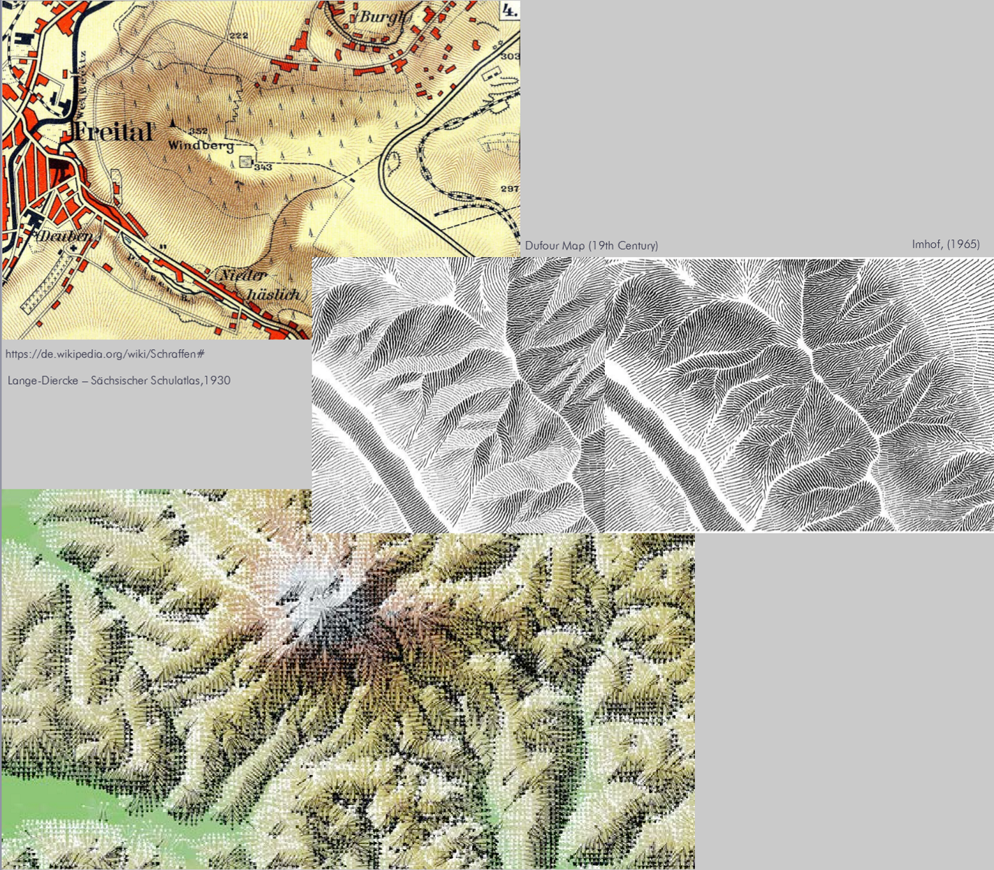 <p>short lines of varying width drawn in direction of steepest gradient, usually combined with lightning effect</p>