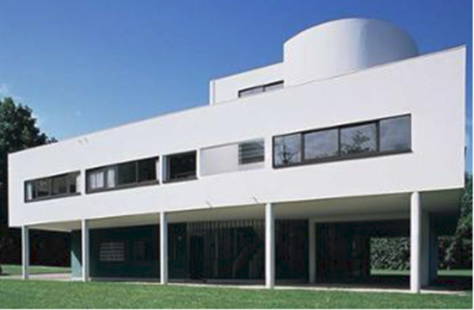 Villa Savoy, Le Courbusier, 1931, modernistisk och internationell. Den har många fönster och en anonym fasad med en atrium gård, byggnaden är anpassad till de boendes användning av hemmet.