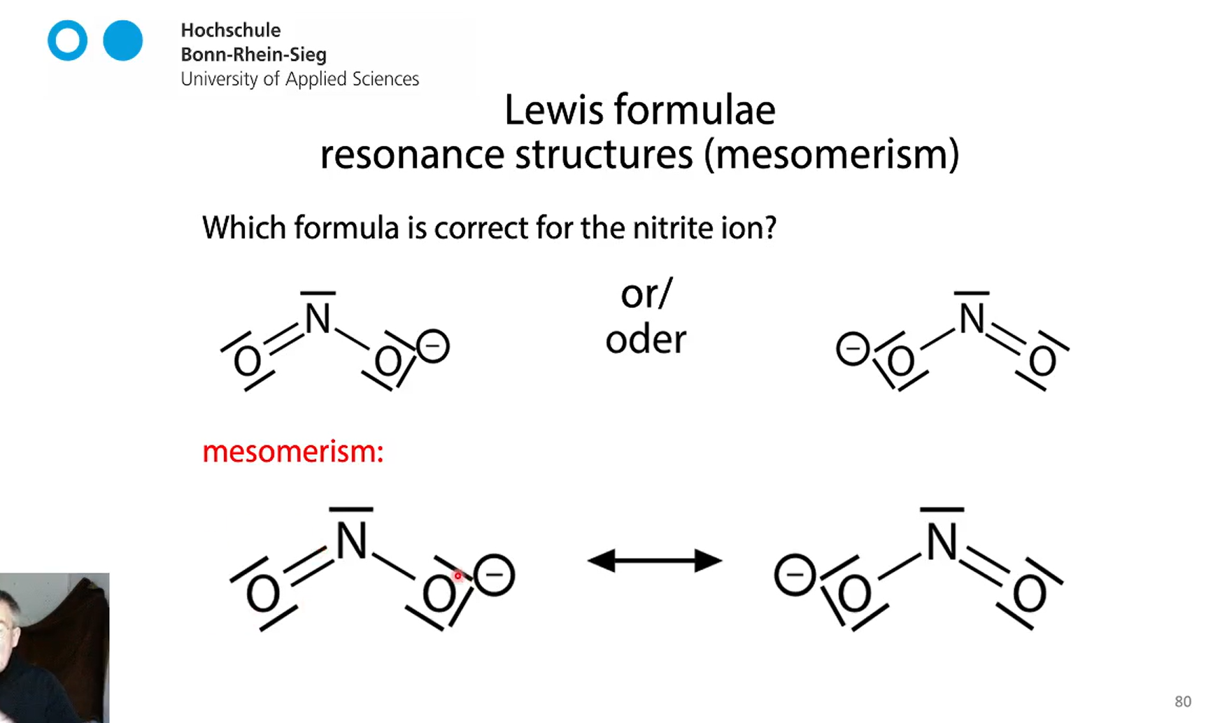 <p>negative charge is equally distributed between two oxygen atoms. NOT a dynamic process the actual nitrite formula is somewhere in the middle but we have no lewis fromula for that </p><p>both descriptions are right</p>