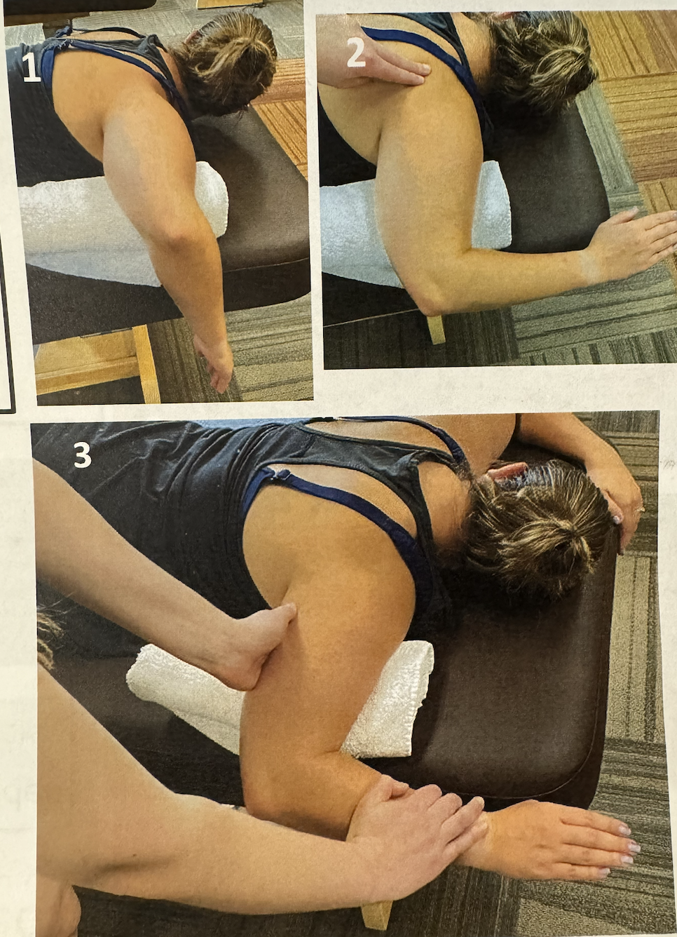 <ul><li><p>position: prone, externally rotate shoulder</p></li><li><p>stabilize: scapula</p></li><li><p>palpate: axillary border of scapula or posterior shoulder; in axilla</p></li><li><p>resistance: towards internal rotation</p></li></ul><p></p>