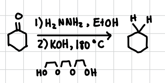 <p>This reduction will reduce a carboxyl (C=O) group all the way down to two separate hydrogens. </p><p>Reagents: 1) H2NNH2, EtOH 2) KOH, 180°C plus weird oxygen chain mouth</p>