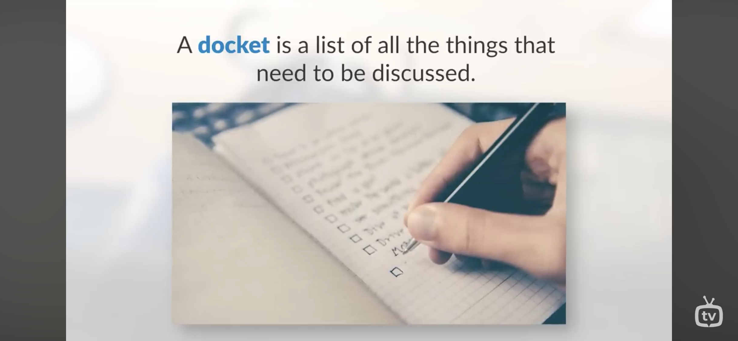<p>A list of things to be done or discussed.</p>