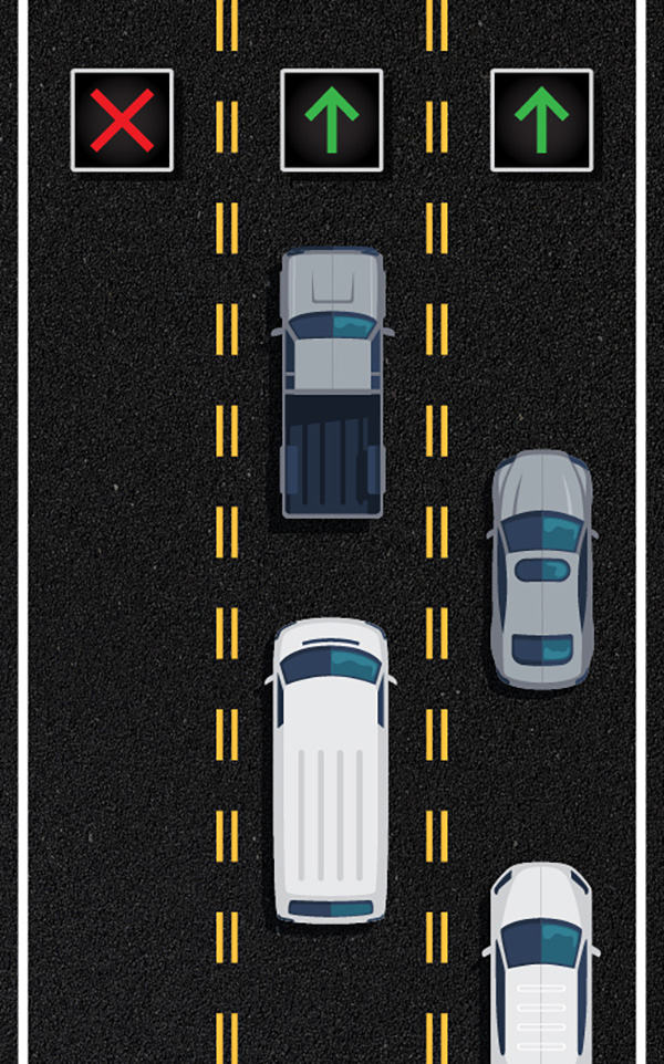 <p><span>may be used during rush hours. The lanes may have double-dashed yellow lines to either side. Signals above the lanes show which lane is safe to travel. Some travel lanes are designed to carry traffic in one direction at certain times and in the opposite direction at other times. A green arrow means you can use the lane. </span><strong>A red </strong><span><strong>X</strong></span><strong> means you cannot use the lane. Yellows means you have one minute until it turns red. </strong></p>