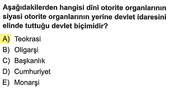 <p>Devletin dini kurallara göre ve din adamları tarafından yönetildiği sisteme teokrasi denir.</p>