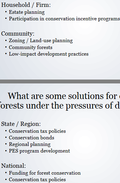 <ul><li><p>Conservation Easements: egally binding agreement between a landowner and a third party (land trust, government agency) to protect land for conservation. The landowner sells specific rights (e.g., right of development) while retaining title to the property.</p></li></ul><p></p>