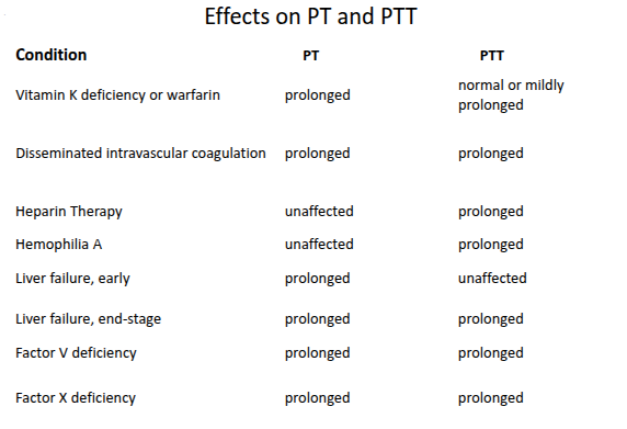 <p>Vitamin K deficiency/Warfarin - prolongs PT, mildly prolongs PTT</p><p>PT: Low caused by microclots, High caused by blood clotted, overdosed heparin, and blood drawn from arterial line(heparin contamination)</p><p>PTT: Low caused by microclots, High caused by blood clotted, overdosed heparin, and blood drawn from arterial line(heparin contamination)</p>