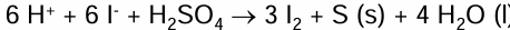 <ul><li><p>H<sub>2</sub>SO<sub>4 </sub> → S </p></li><li><p>2I- → I<sub>2</sub></p></li><li><p>Combine to get full equation </p></li><li><p>Sulfur produced is a yellow solid</p></li></ul><p></p>