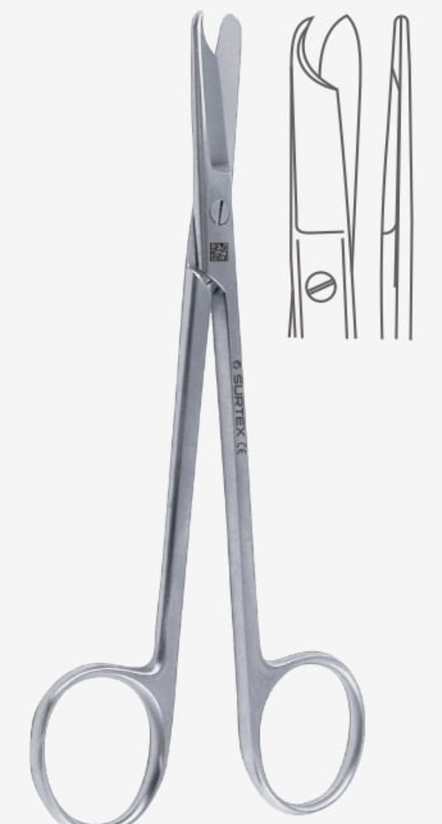 <p>Short blades with a long shank with the lower blade having a hooked tip to cradle and lift the suture. The hook ensures the doctor is only cutting sutures and not the patient’s skin. They cut all sutures except wire.</p>