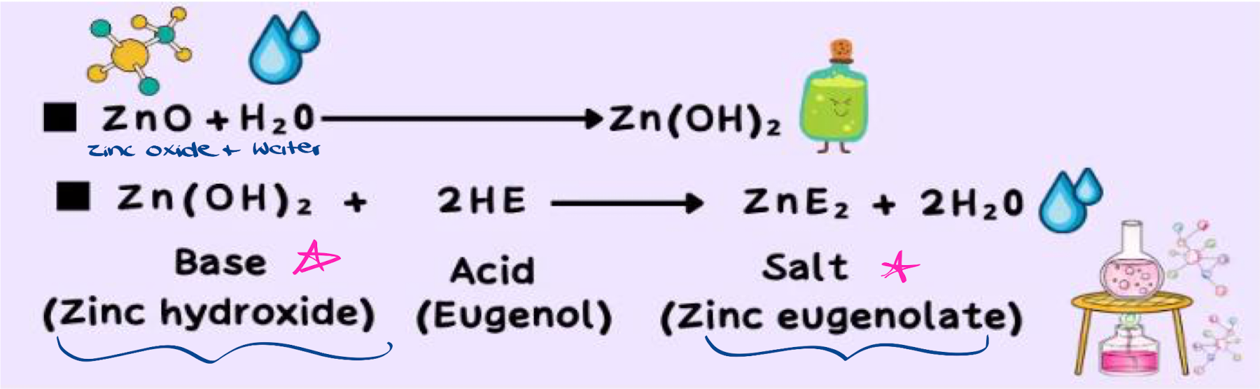 <p>Base - <strong>zinc hydroxide</strong><br>Acid - <strong>eugenol</strong><br>Salt - <strong>zinc eugenolate.</strong></p>
