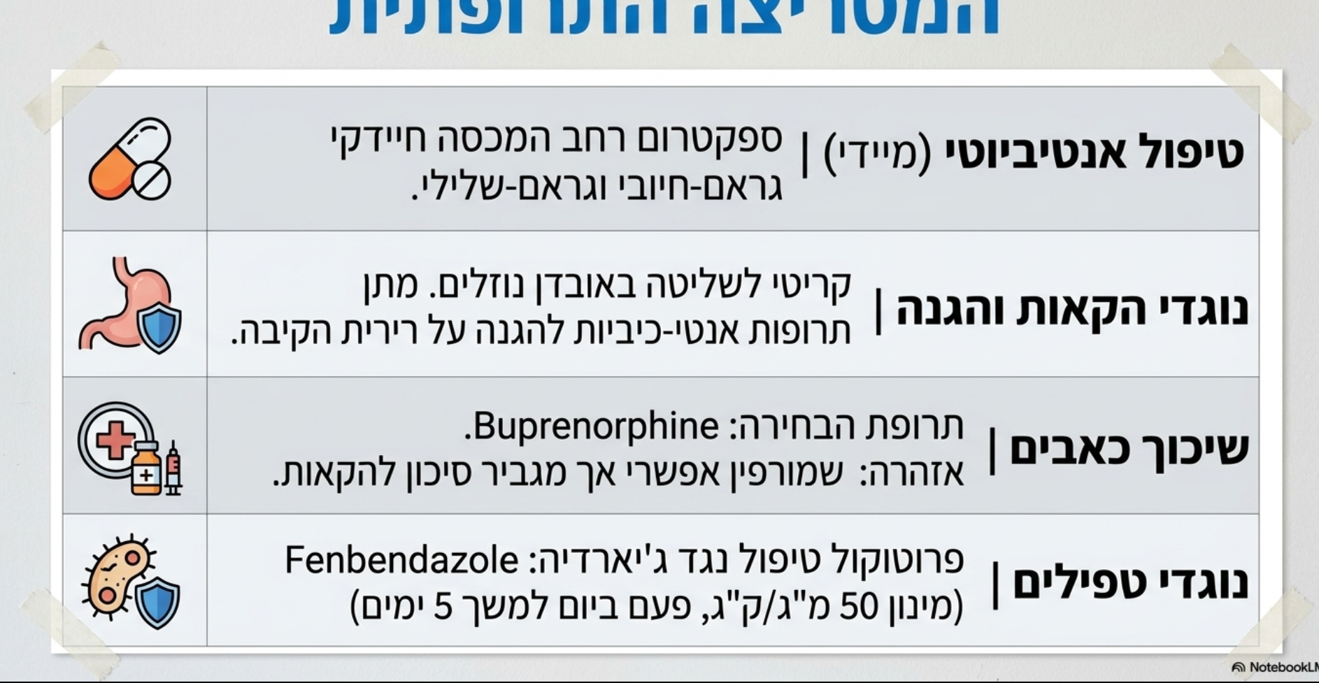 <p></p><ul><li><p><strong>נוגדי הקאות</strong>  ונוגדי כיבים.</p></li><li><p><strong>עירוי פלסמה:</strong> מבוצע כאשר מדד החלבון הכללי נמוך מאוד (טי.אס.פי < 40) במינון של 10-20 מ"ל/ק"ג.</p></li><li><p><strong>עירוי דם:</strong> מבוצע כאשר מדד ה-פי.סי.וי (פלזמה סל ווליום) יורד מתחת ל-15-20.</p></li><li><p><strong>קולואידים:</strong> מתן בבולוס של 5-20 מ"ל/ק"ג.</p></li><li><p><strong>תילוע:</strong> מתן פבנדזול במינון של 50 מ"ג/ק"ג פעם ביום דרך הפה למשך 5 ימים (זהו מינון המכוון נגד טפיל הג'יארדיה).</p></li><li><p><strong>שיכוך כאב:</strong> בופרנורפין ניתן להשתמש גם במורפין אך יש להיזהר משום שהוא עלול להשרות הקאות</p></li></ul><p></p>