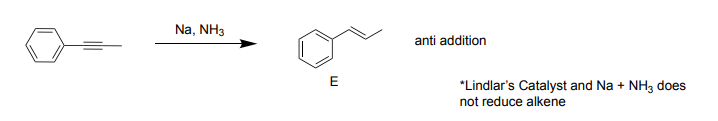 <p>-reduces Alkane to Alkene </p><p>-anti addition in E (conformer): trans </p>