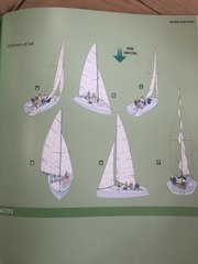 <p>(a) close reach (b) broad reach (c) closed-hauled (d) run (e) beam reach (f) in irons/no sail zone</p>