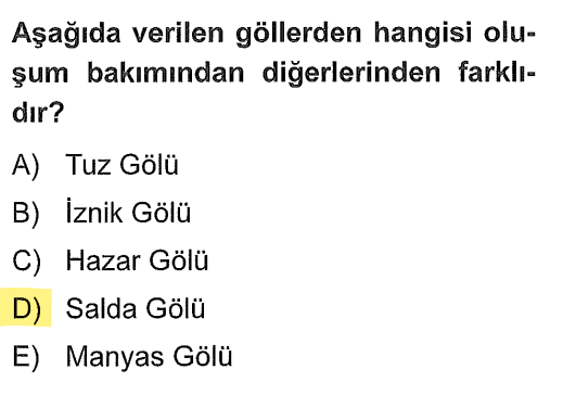 <p>Tuz, İznik, Hazar ve Manyas gölleri <strong>Tektonik</strong> (yer kabuğu hareketleri) kökenlidir. Salda Gölü ise <strong>Karstik</strong> (eriyebilen kayaçlar) bir göldür.</p>
