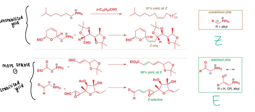 <p><strong><u>Reaction #3 - Witting Reaction </u></strong></p><ul><li><p><span style="color: red;"><strong>Unstabilized ylids (no resonance)</strong></span> = ___ selective</p></li><li><p><span style="color: blue;"><strong>Stabilized ylids (resonance)</strong></span> = ____ selective </p></li></ul><p></p>