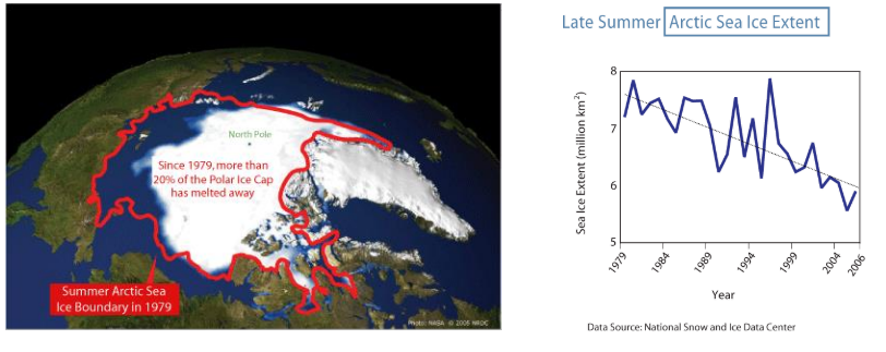 <p>Naturally fluctuates, but long-term decrease in sea-ice extent </p><p>Since 1979, more than 20% of the polar ice cap has melted away</p>