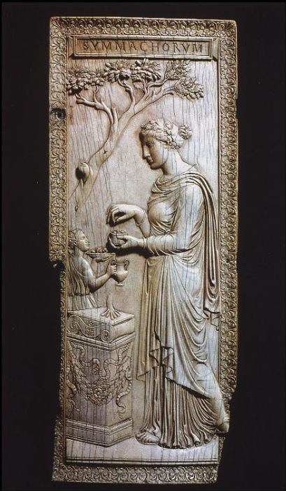 <p>priestess of Bacchus, Diptych of the Nichomachi and the Symmachi, ivory, c. 400</p>