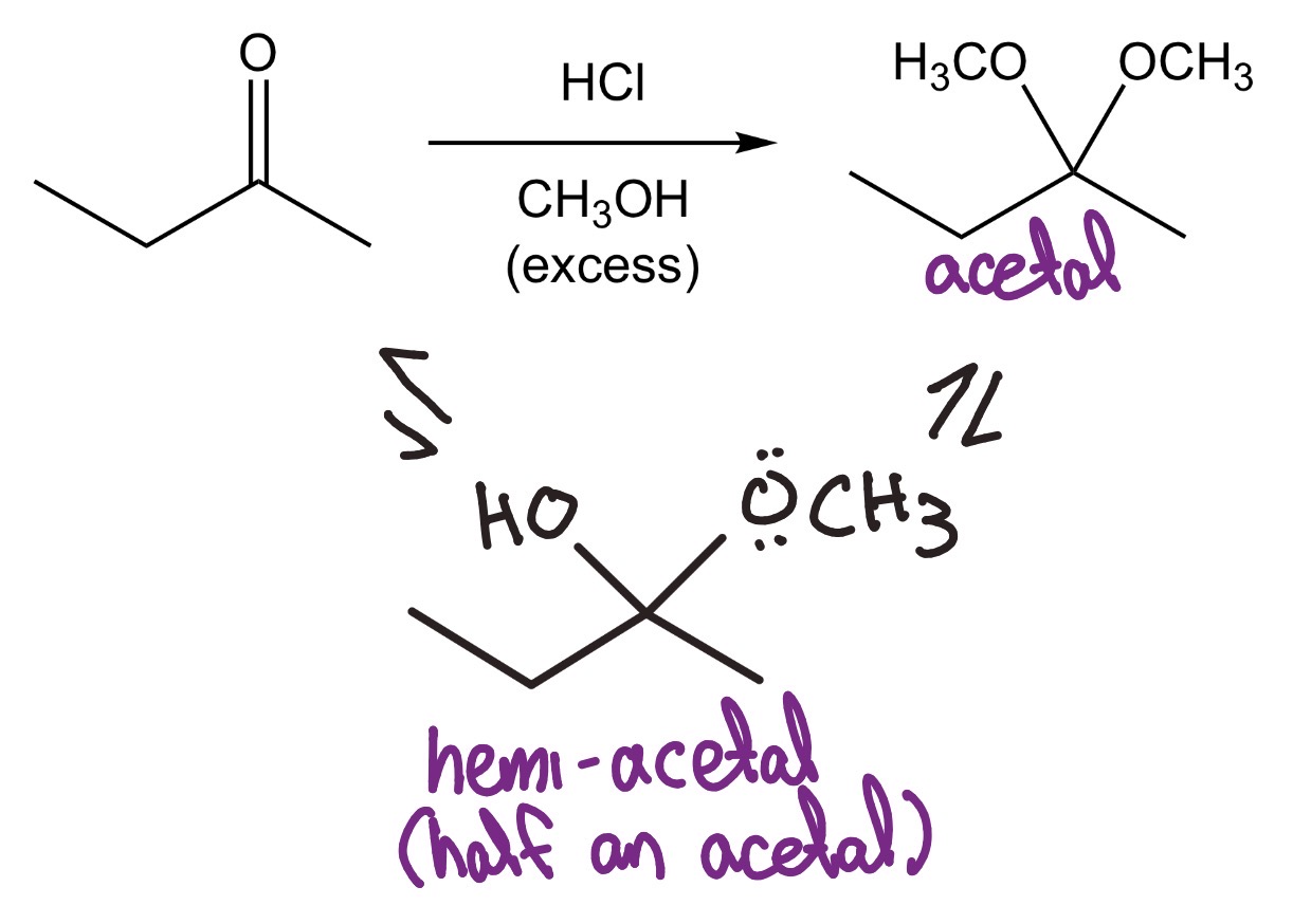 <p>1 equiv. of alcohol produces hemiacetal and 2 produces acetal</p>