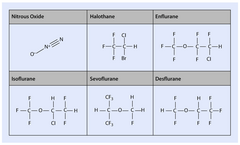 <p>-halothane: only alkane; 1 chlorine, 1 bromine, & 3 flourine </p><p>-all other agents are ethers </p><p>-iso: 5 flourine + 1 chlorine </p><p>-des: 6 flourine </p><p>-sevo: 7 fluorine</p>