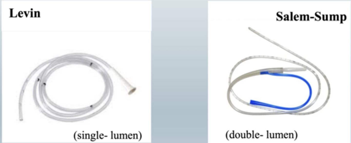 <p>Levin (single lumen)</p><p>Salem-sump (double lumen)</p>