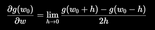 <ul><li><p>At the current weight <em>w0</em>, we could compare: <em>g(w0 + h) </em>and <em>g(w0 - h) </em>and move in the better direction.</p></li><li><p>or Calculate the derivative (check formula img)</p></li></ul><p></p><p>Simple idea:</p><ul><li><p>Derivative = tells us which direction improves the function</p></li></ul><p></p>
