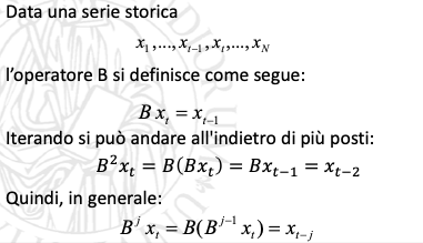 <p><span>L'operatore all’indietro (<em>backward</em>) B serve a ritardare la serie di un lag temporale</span></p><p></p>