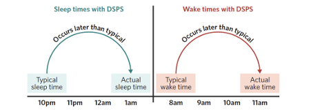 <p><span style="font-family: Aptos, sans-serif;">Sleep rhythm disorder where sleep and waking occur later than usual.&nbsp;</span>Misalignment between internal and external cues (specifically external cues are received at an appropriate time but internal cues are not). Causing melatonin secretion to occur later and therefore sleep wake time occur later.<span style="font-family: Aptos, sans-serif;"><strong> </strong>Must experience for at least 3 months for official diagnosis.<strong> </strong>Other than age, some predisposing risk factors for DSPS include a longer than average circadian period and an increased sensitivity to light. </span></p>