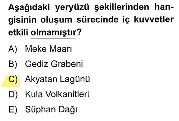<p>İç kuvvetler enerjisini yerin derinliklerinden alır (Volkanizma, deprem, dağ oluşumu). Meke Maarı, Kula Volkanitleri ve Süphan Dağı <strong>volkanizma</strong> sonucudur. Gediz Grabeni ise <strong>orojenez (dağ oluşumu)</strong> ile çökmüş bir alandır. <strong>Akyatan Lagünü</strong> ise dalga biriktirmesiyle oluşan bir <strong>kıyı set gölüdür</strong>; yani enerjisini dış kuvvetlerden (güneş/rüzgar) alır.</p>
