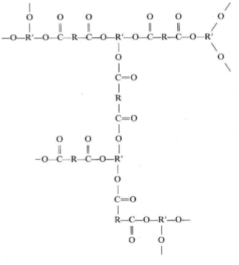 <p>monomers have functionality > 2; essentially multiple reaction sites like diacid R(COOH)<sub>2</sub> and triol R’(OH)<sub>3</sub></p>
