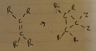 <p>cyclopropane ring from and alkene</p>