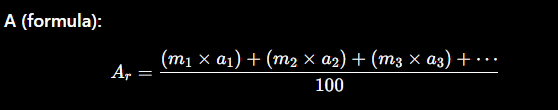 <p><strong>Where:</strong> </p><ul><li><p>mmm = isotopic mass</p></li><li><p>aaa = percentage abundance</p></li><li><p>Divide by <strong>100</strong> because abundances are in %</p></li></ul><p> </p><div data-type="horizontalRule"><hr></div><p> <strong>Method (how to calculate):</strong> </p><ol><li><p>Multiply each <strong>isotopic mass × its abundance (%)</strong></p></li><li><p>Add all the results together</p></li><li><p>Divide the total by <strong>100</strong></p></li><li><p>Final answer = <strong>relative atomic mass (Ar)</strong></p></li></ol><p></p>
