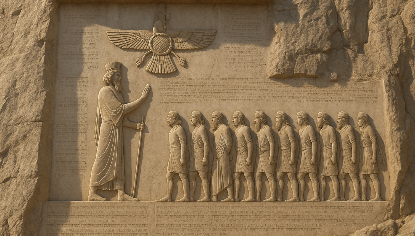 <p>The Behistun Inscription</p><ul><li><p>520 BCE</p></li><li><p>features Darius the Great facing defeated rebels</p></li><li><p>empires like the Neo-Assyrians carved spectacular monumental reliefs into palace walls of their capital cities</p></li></ul><p></p>